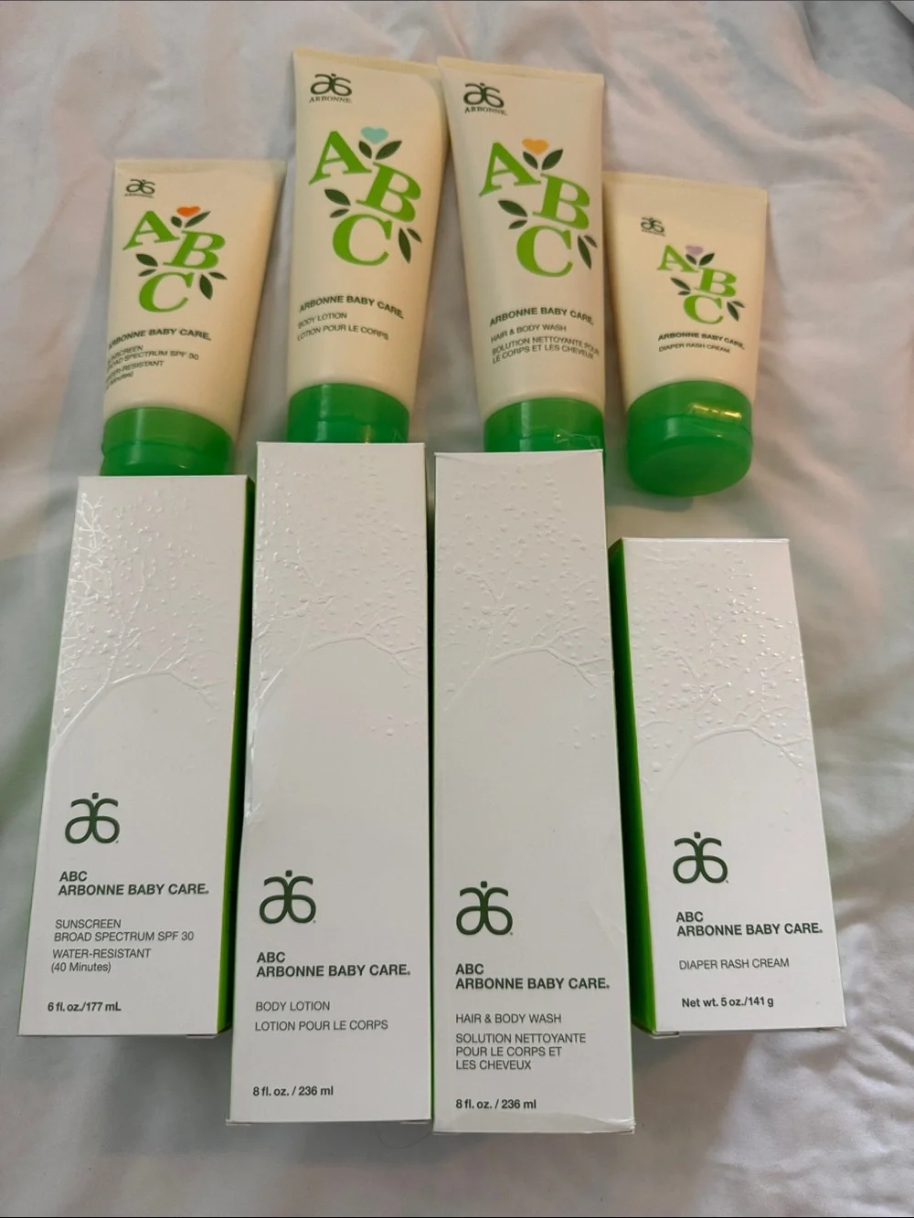 Arbonne ABC Baby Care Set body lotion, hair and body wash, diaper rash sunscreen